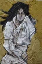 Målning Kvinna i vit klädnad med mörkt hår