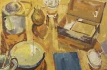 Målning av ett middagsbord, i gula toner